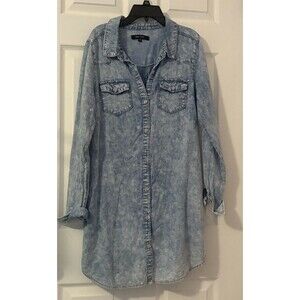 New Look Denim Shirt Dress Women’s Size M Buttons Pockets Roll Sleeve Distressed